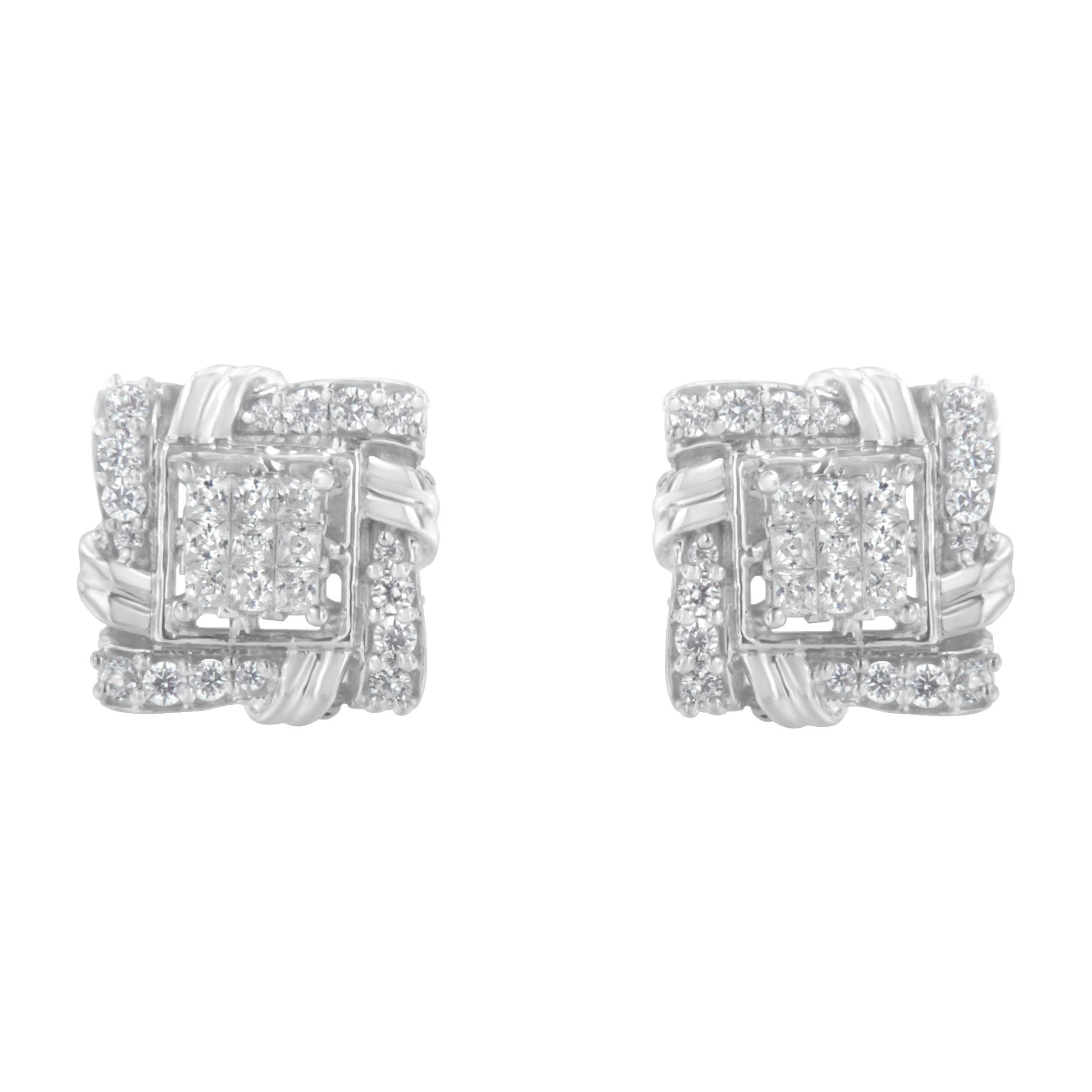 Front view of a pair of white metal square-shaped earrings featuring white round gemstones in prong settings and white princess gemstones in invisible settings.