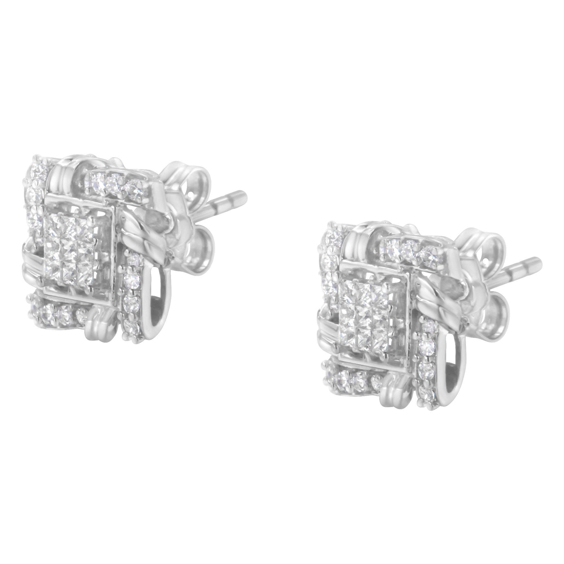 Pair of white metal stud earrings with square and round white gemstones in prong and invisible settings, shown at a slight side angle.