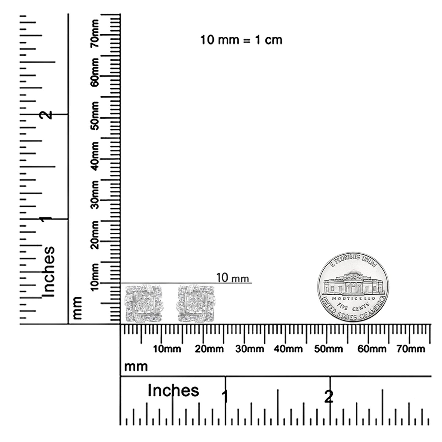 Pair of white metal earrings with round and princess shape white gemstones, shown from the front on a ruler and scale for size reference.