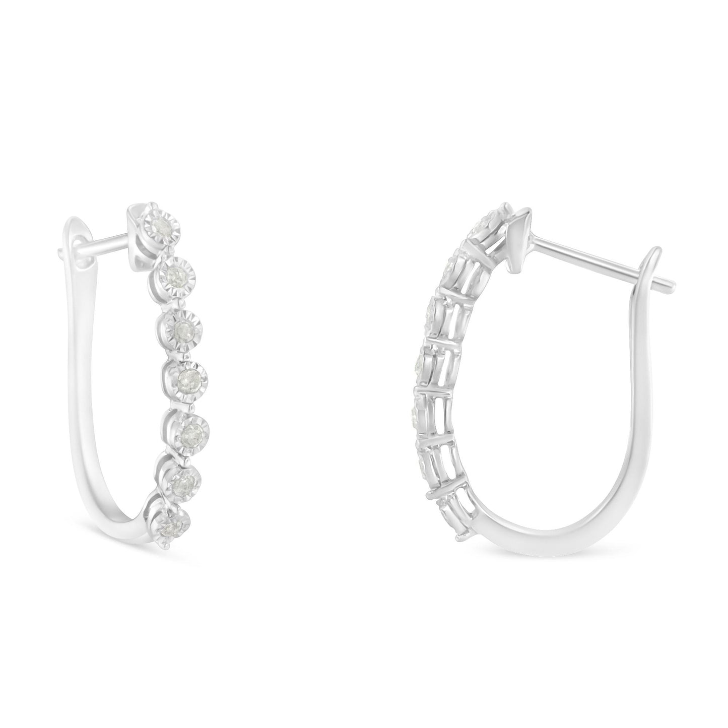 Pair of white metal hoop earrings with round white gemstones in miracle settings, shown from front and back angles.