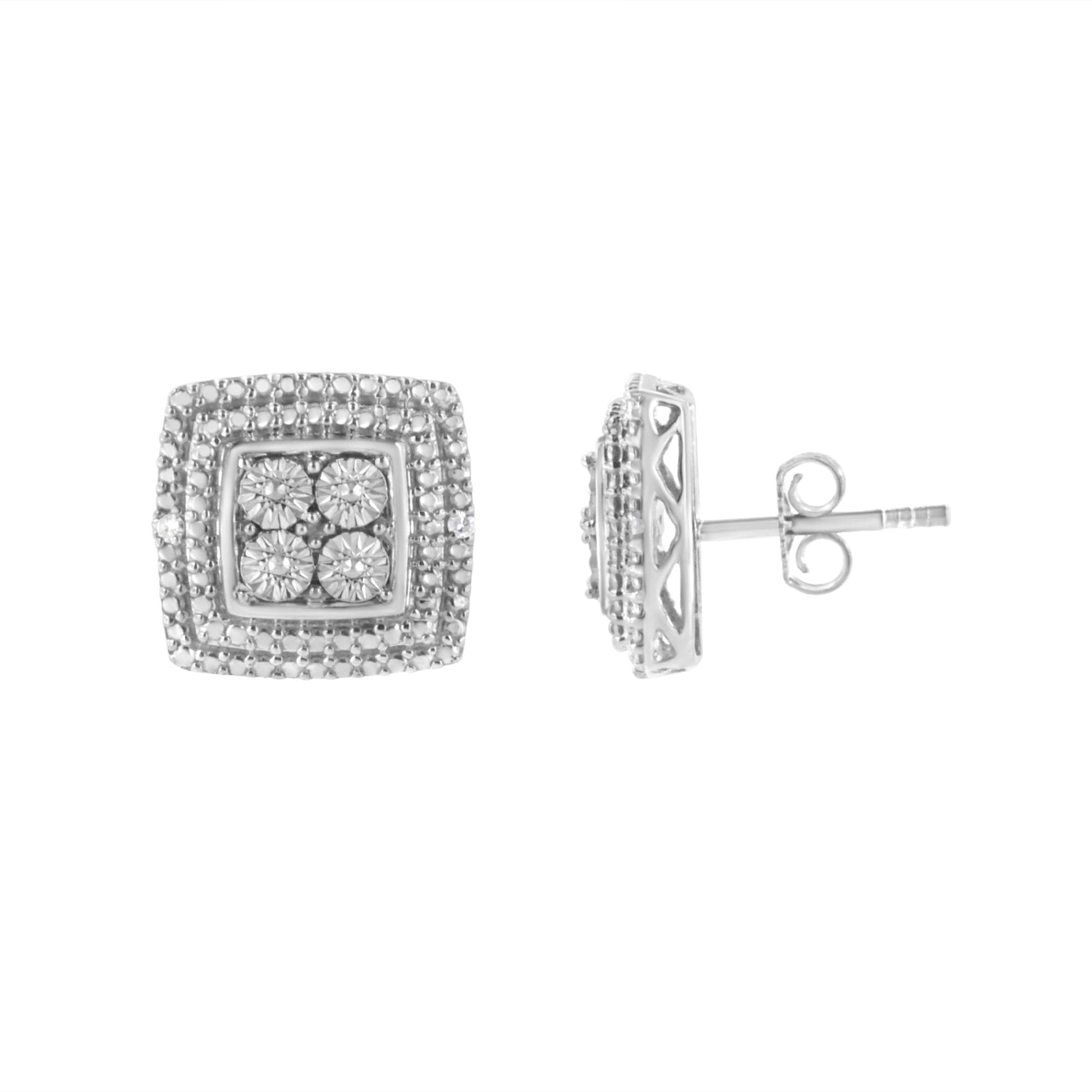 Front and side views of square-shaped white metal stud earrings with round white gemstones in micro-pave setting, shown on a white background.