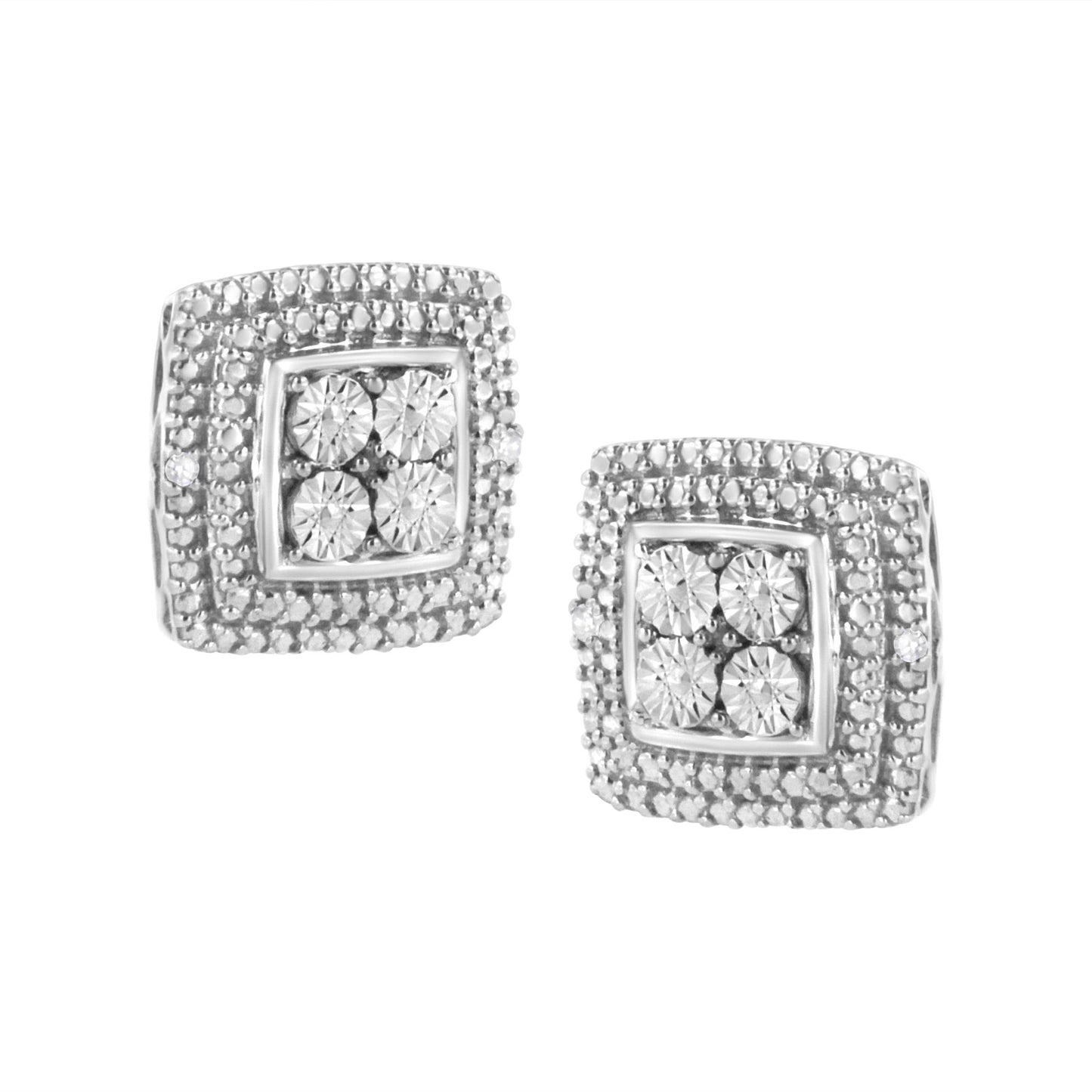Close-up front angle of a pair of white metal square-shaped earrings, each featuring a cluster of round white gemstones in the center surrounded by micro-pave set white gemstones.