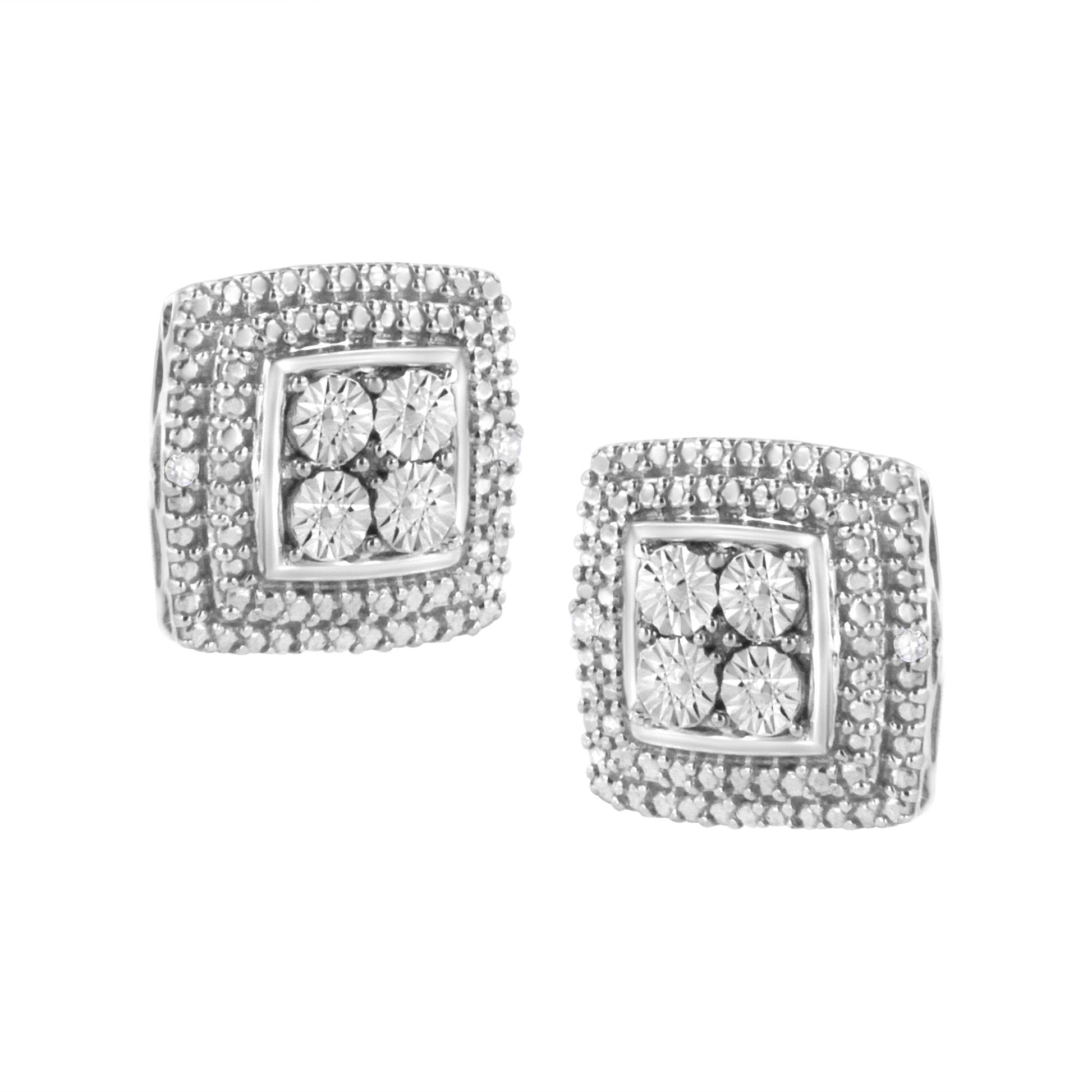 Close-up front angle of a pair of white metal square-shaped earrings, each featuring a cluster of round white gemstones in the center surrounded by micro-pave set white gemstones.