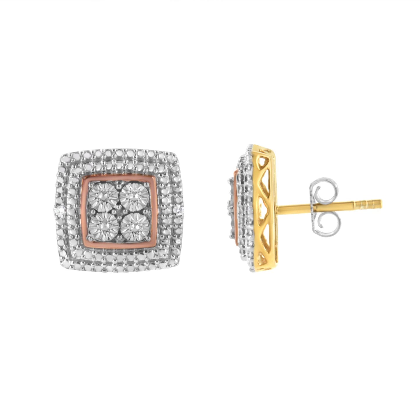 Square-shaped stud earrings with yellow, white, and rose metal colors featuring round white gemstones in a micro-pave setting, shown from front and side angles.