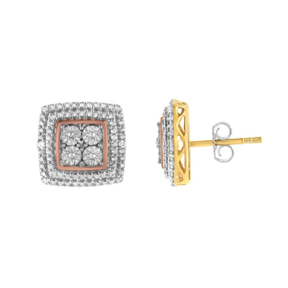 Square-shaped stud earrings with yellow, white, and rose metal colors featuring round white gemstones in a micro-pave setting, shown from front and side angles.