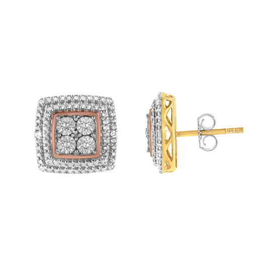 Square-shaped stud earrings with yellow, white, and rose metal colors featuring round white gemstones in a micro-pave setting, shown from front and side angles.