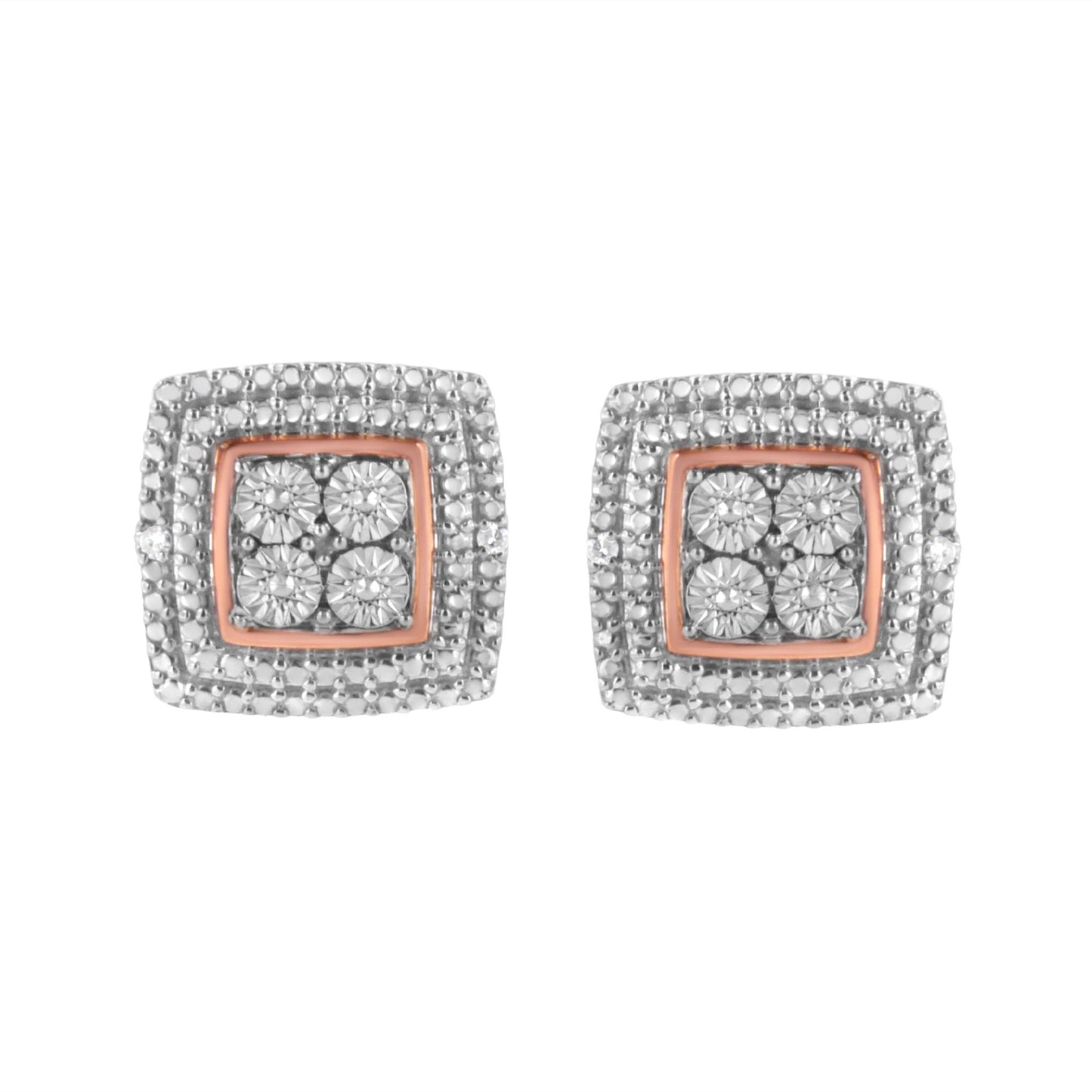 Front view of square earrings with yellow, white, and rose metal colors, featuring four round white gemstones in the center with micro-pave setting.