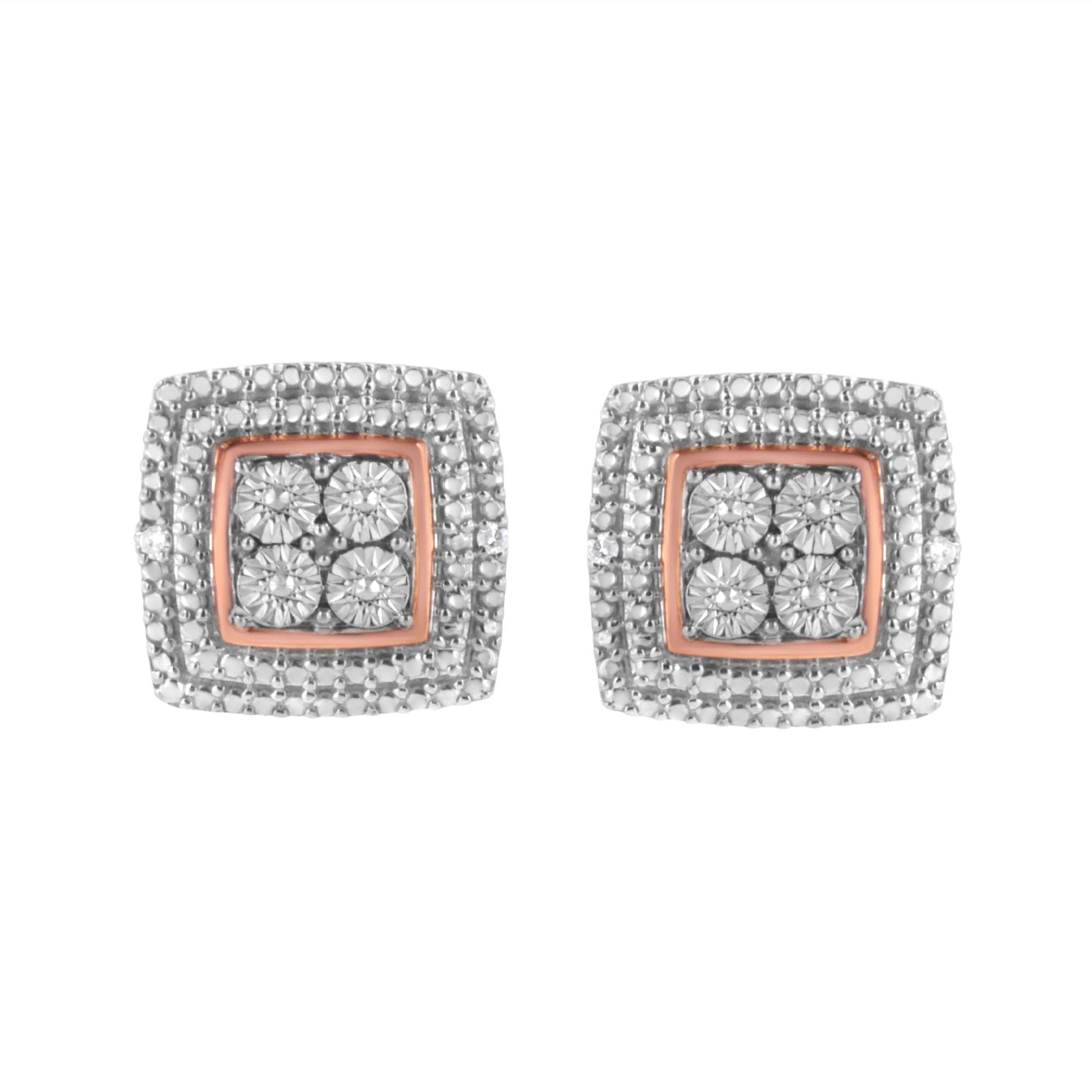Front view of square earrings with yellow, white, and rose metal colors, featuring four round white gemstones in the center with micro-pave setting.