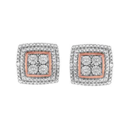 Front view of square earrings with yellow, white, and rose metal colors, featuring four round white gemstones in the center with micro-pave setting.