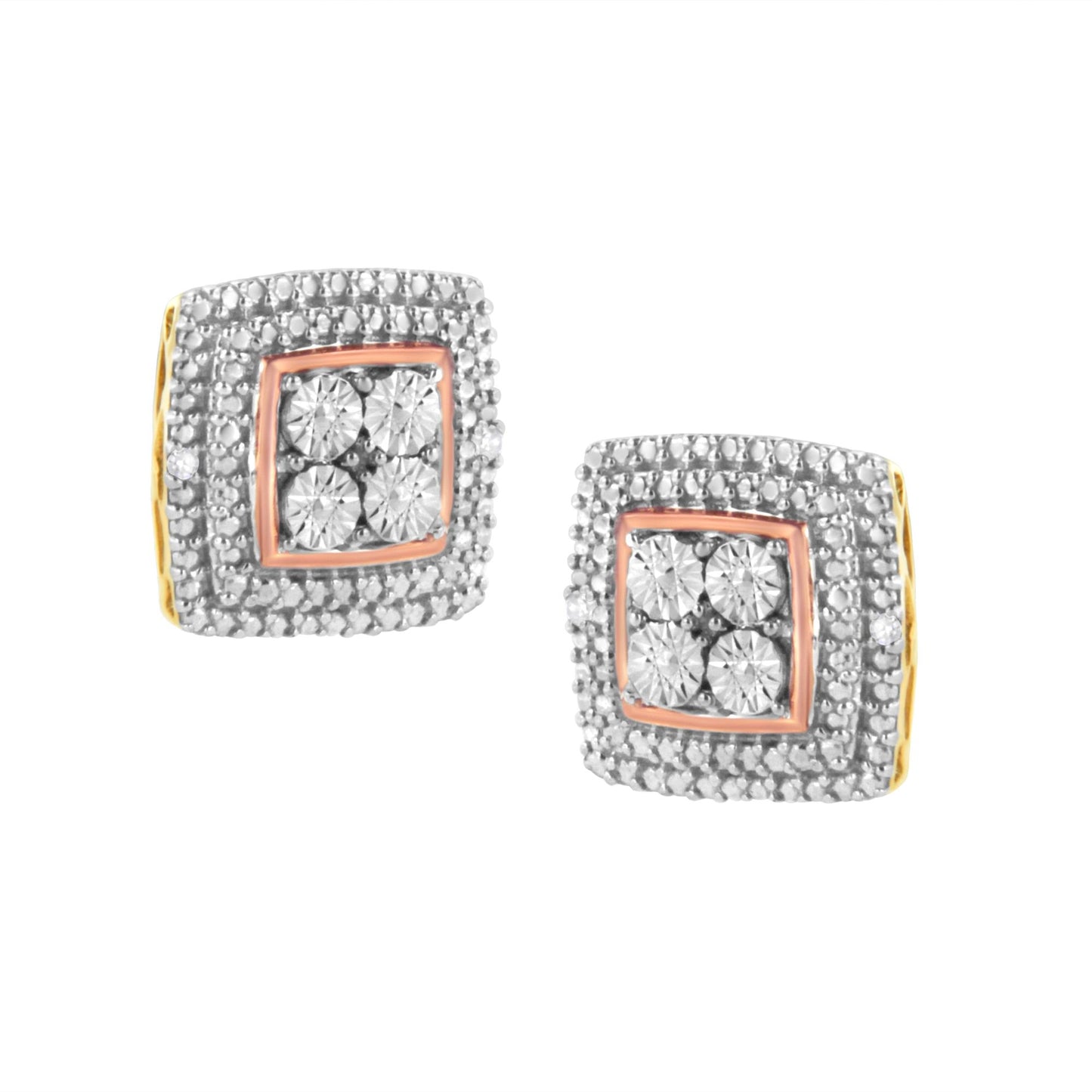 Front-facing view of square-shaped earrings with yellow, white, and rose-colored metal featuring clusters of round white gemstones in a micro-pave setting.