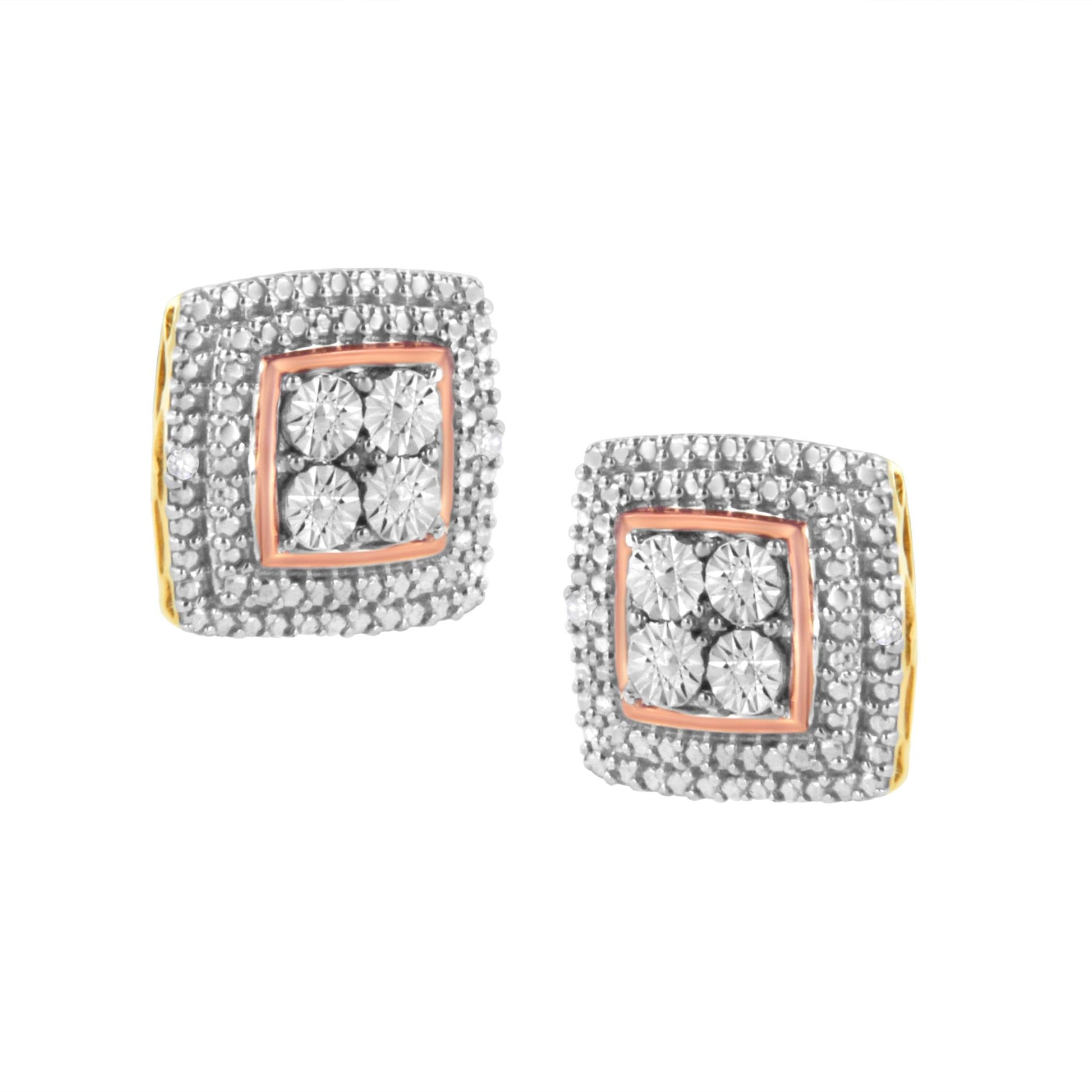 Front-facing view of square-shaped earrings with yellow, white, and rose-colored metal featuring clusters of round white gemstones in a micro-pave setting.