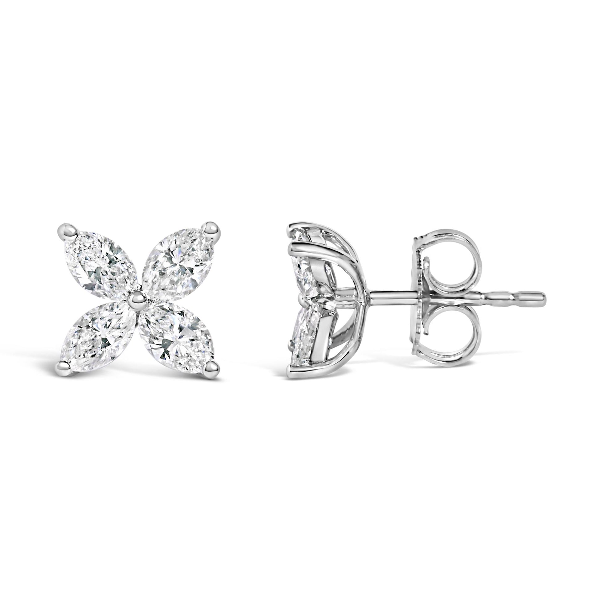Pair of white metal stud earrings with four marquise-shaped white gemstones arranged in a floral pattern, shown in front and side views on a white background.