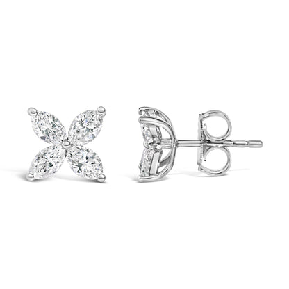 Pair of white metal stud earrings with four marquise-shaped white gemstones arranged in a floral pattern, shown in front and side views on a white background.