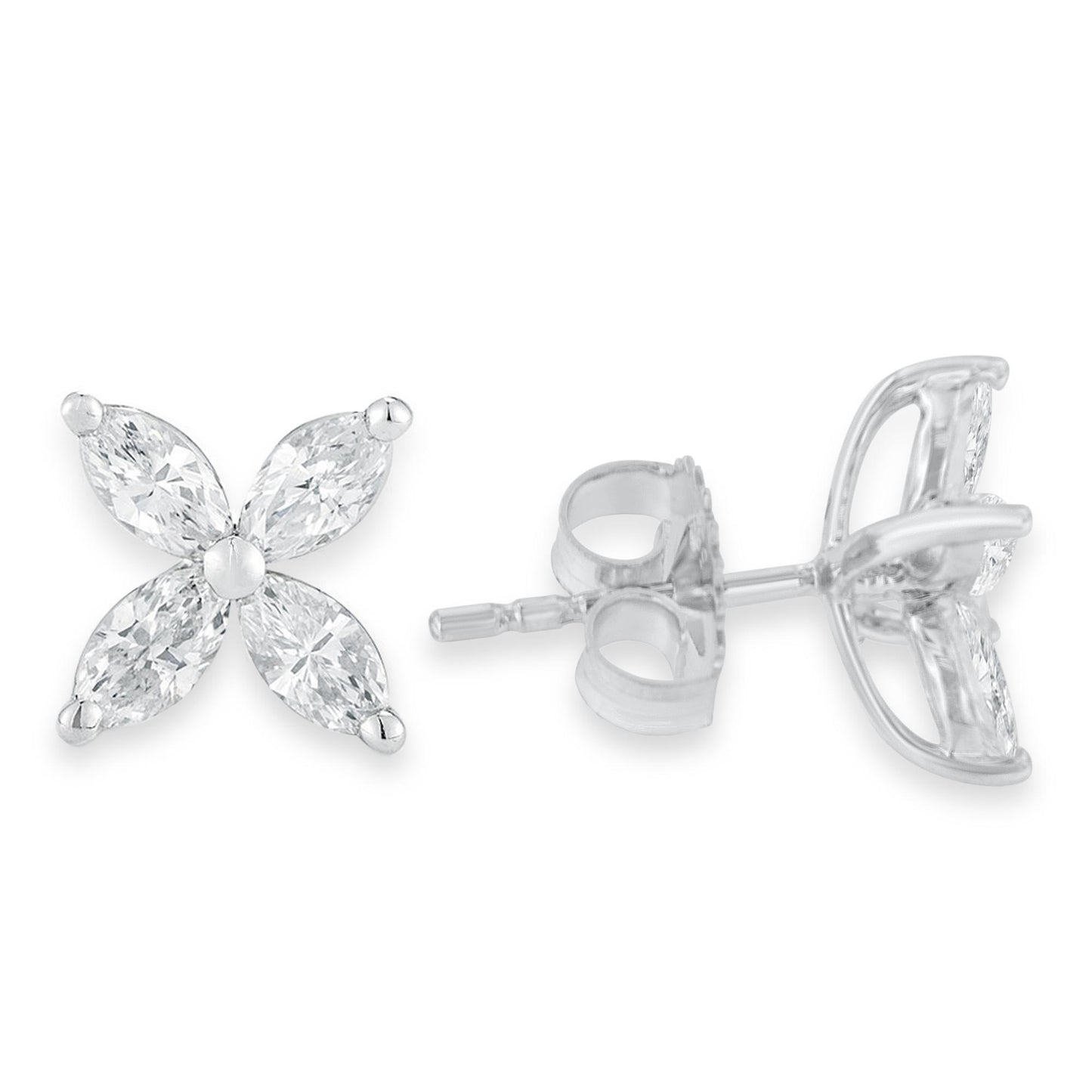Front and side view of white metal stud earrings with four marquise-shaped white gemstones arranged in a floral pattern, photographed on a white background.