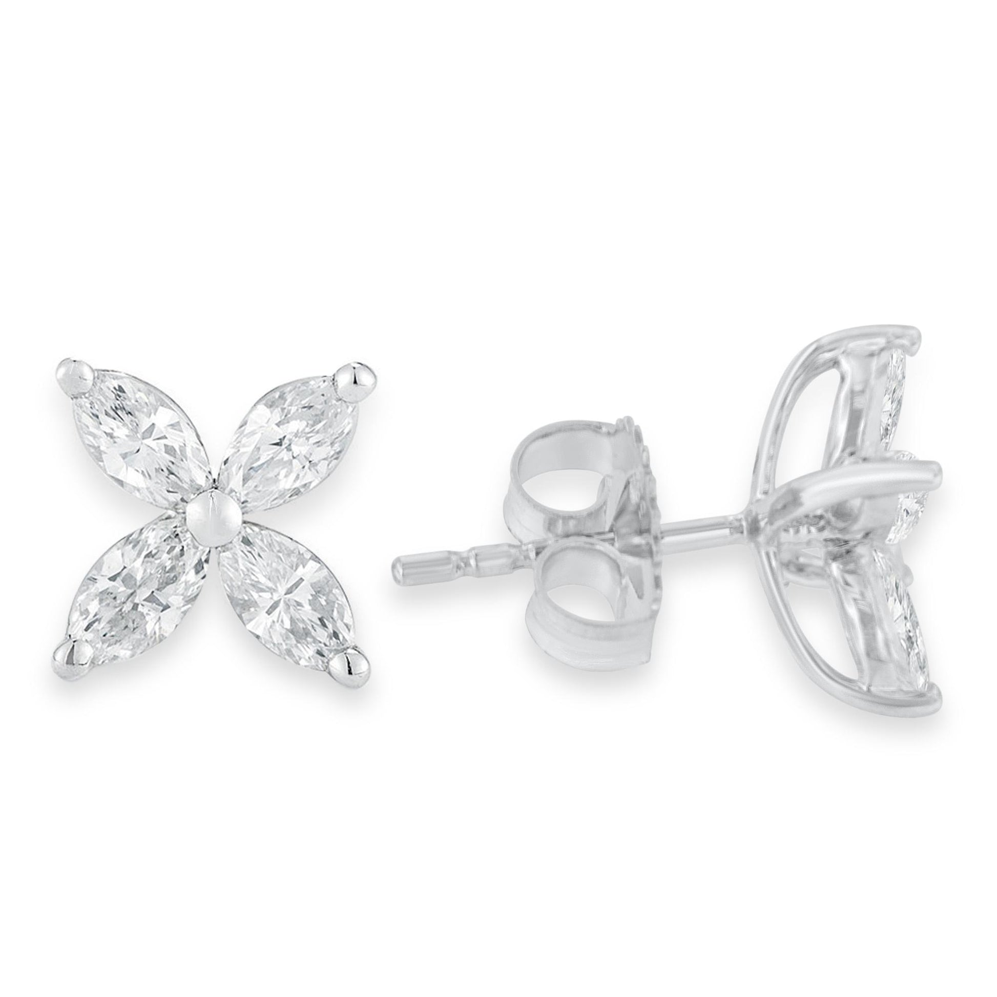 Front and side view of white metal stud earrings with four marquise-shaped white gemstones arranged in a floral pattern, photographed on a white background.
