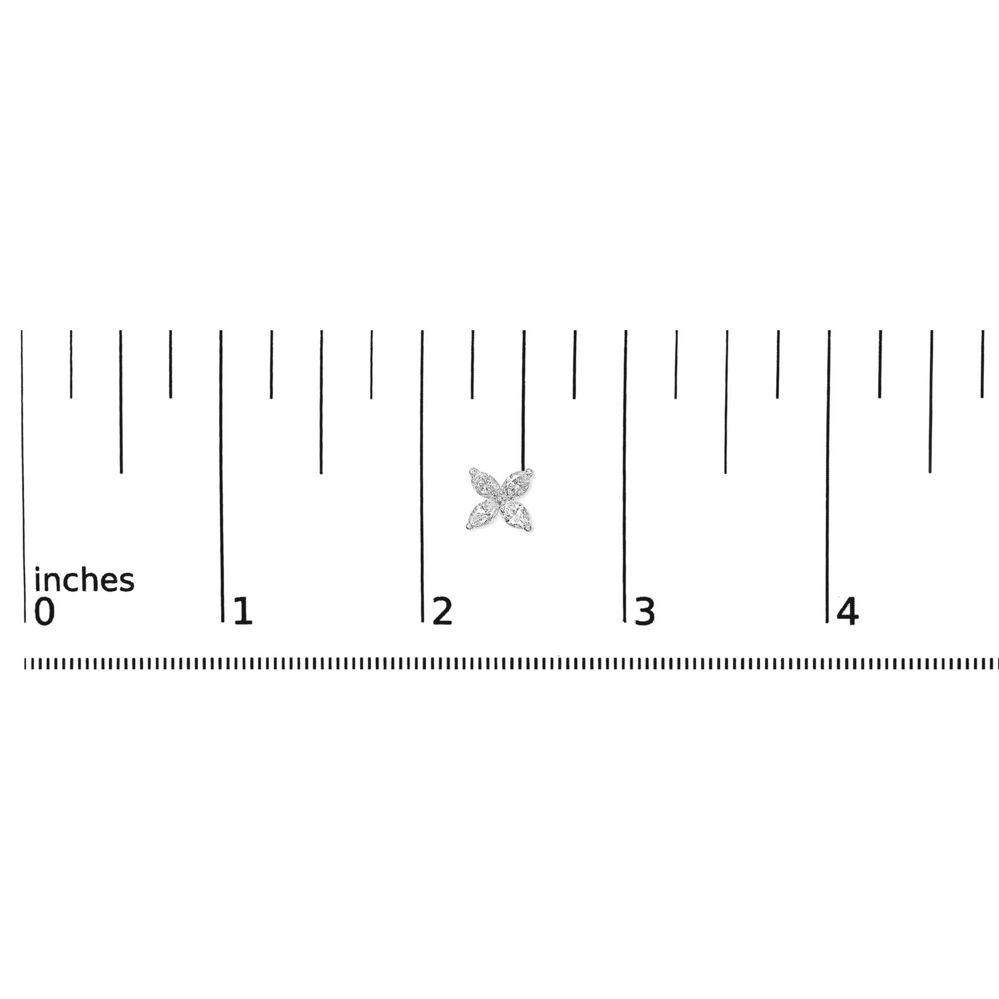 Close-up top view of a white metal earring with four marquise-shaped white gemstones in a prong setting, displayed on a ruler for size reference.