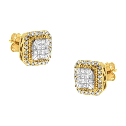 Pair of yellow metal stud earrings with square clusters of white princess shape gemstones in the center, surrounded by a border of round white gemstones in pave setting, shown from a front angle.