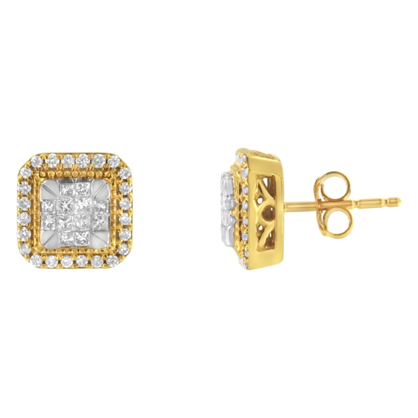 Pair of yellow metal square stud earrings with white round pave-set gemstones surrounding a center of white princess invisible-set gemstones, shown from front and side angles.
