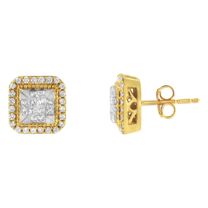 Pair of yellow metal square stud earrings with white round pave-set gemstones surrounding a center of white princess invisible-set gemstones, shown from front and side angles.