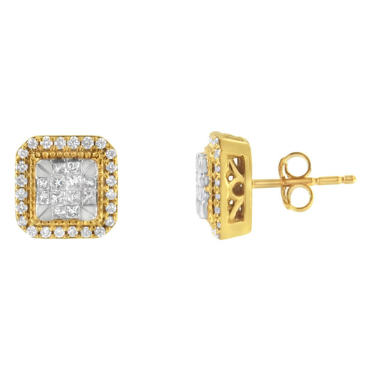 Pair of yellow metal square stud earrings with white round pave-set gemstones surrounding a center of white princess invisible-set gemstones, shown from front and side angles.