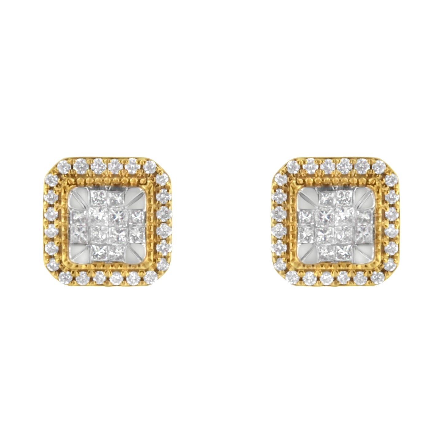 Front view of yellow metal square earrings featuring a center cluster of princess-shaped white gemstones with an invisible setting, surrounded by a border of round white gemstones in a pave setting.