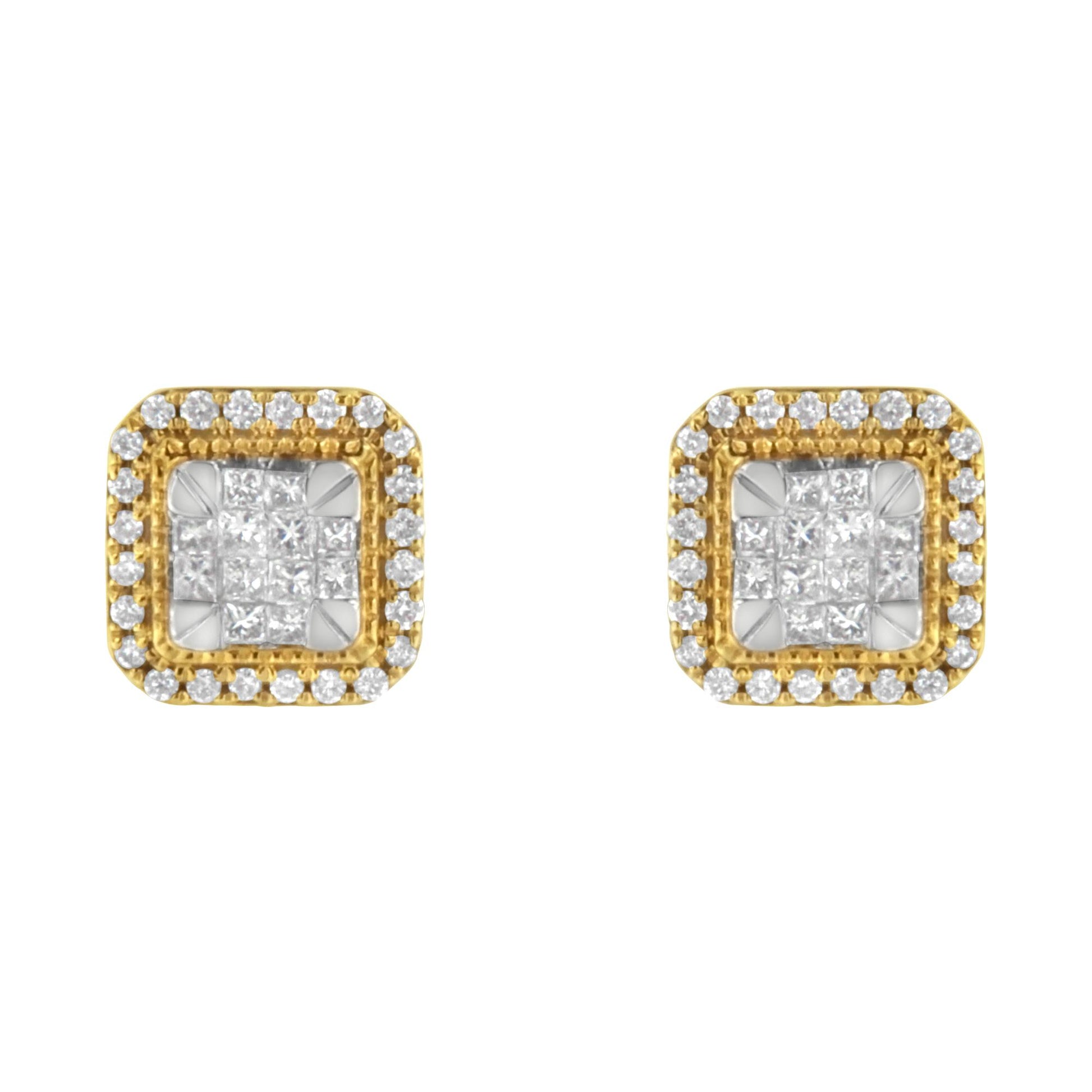 Front view of yellow metal square earrings featuring a center cluster of princess-shaped white gemstones with an invisible setting, surrounded by a border of round white gemstones in a pave setting.