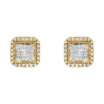 Front view of yellow metal square earrings featuring a center cluster of princess-shaped white gemstones with an invisible setting, surrounded by a border of round white gemstones in a pave setting.