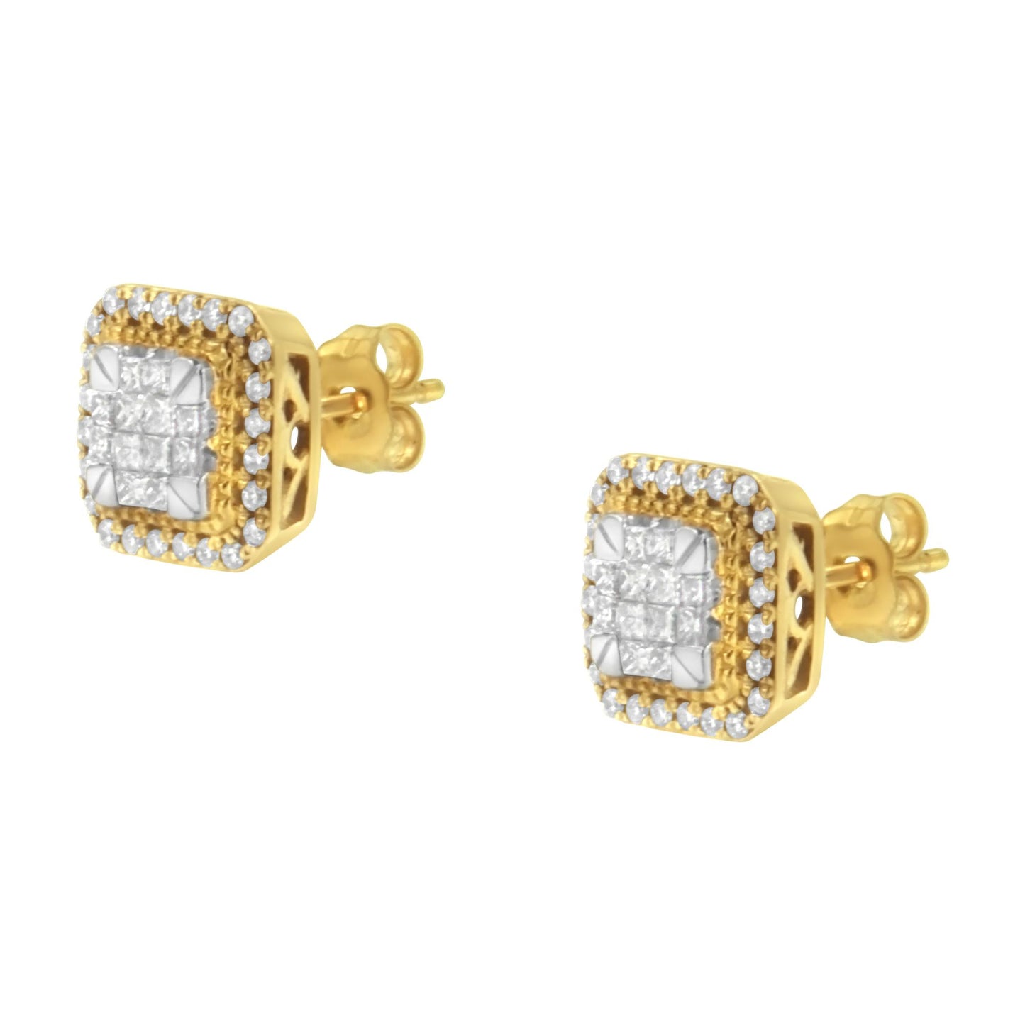 Pair of yellow metal square-shaped earrings with round white gemstones in a pave setting around the edges and princess-shaped white gemstones with an invisible setting in the center, shown at a slight angle.
