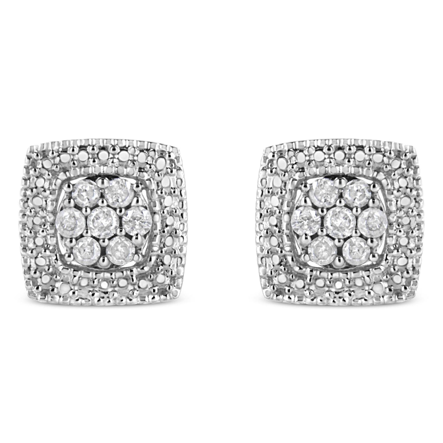 Front view of a pair of square white metal earrings with multiple round white gemstones set in prong settings.