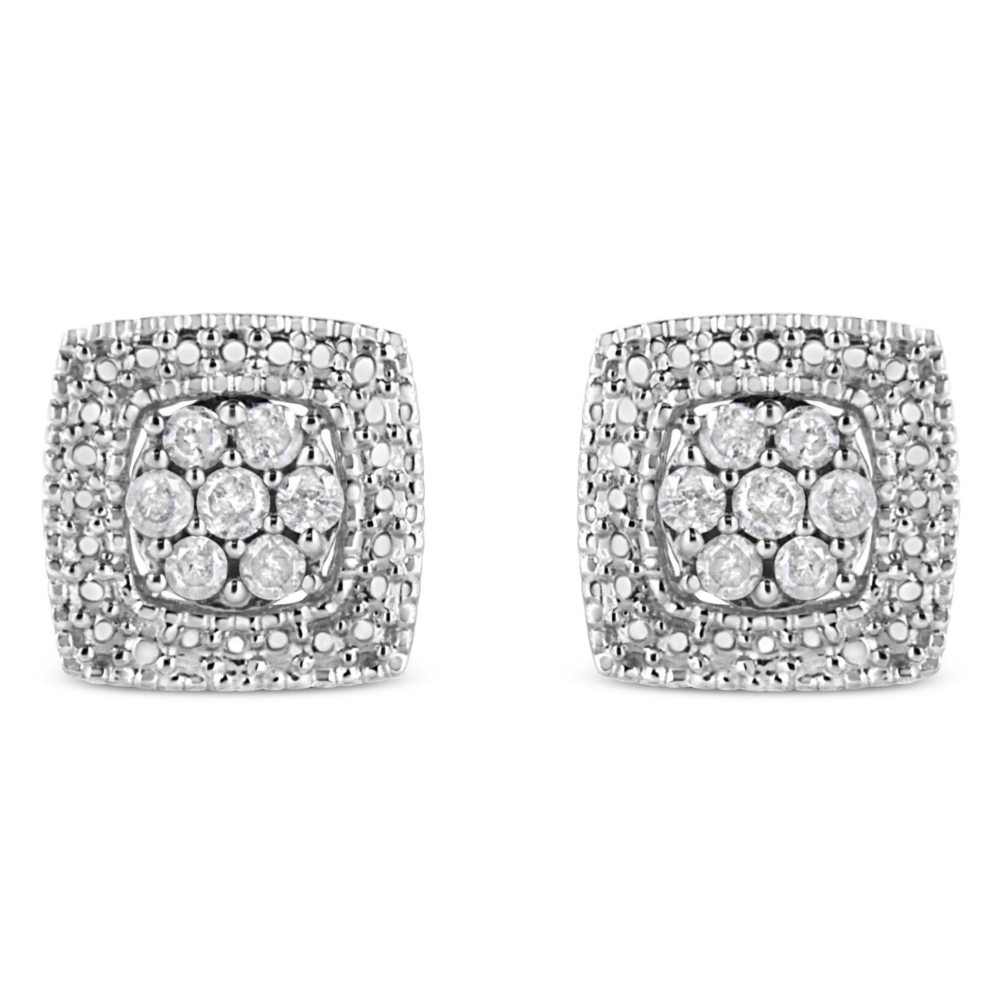 Front view of a pair of square white metal earrings with multiple round white gemstones set in prong settings.