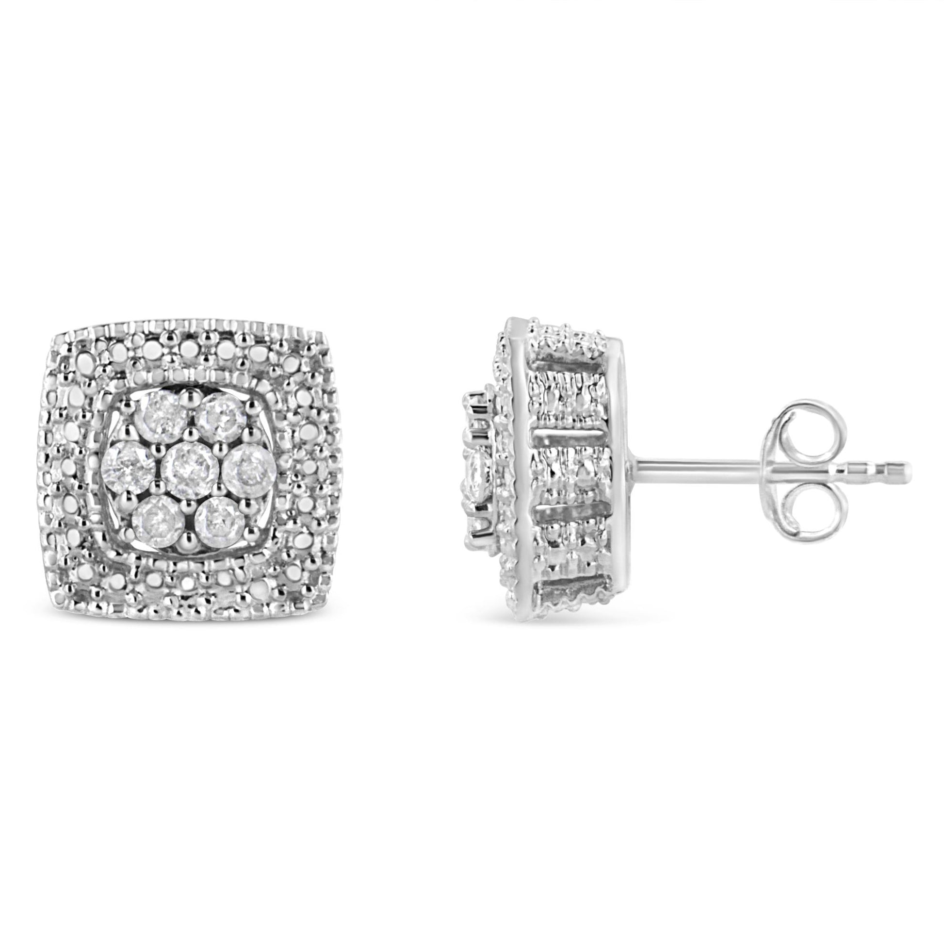 Front and side views of square-shaped white metal earrings with round white gemstones in prong settings, shown against a white background.