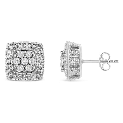 Front and side views of square-shaped white metal earrings with round white gemstones in prong settings, shown against a white background.