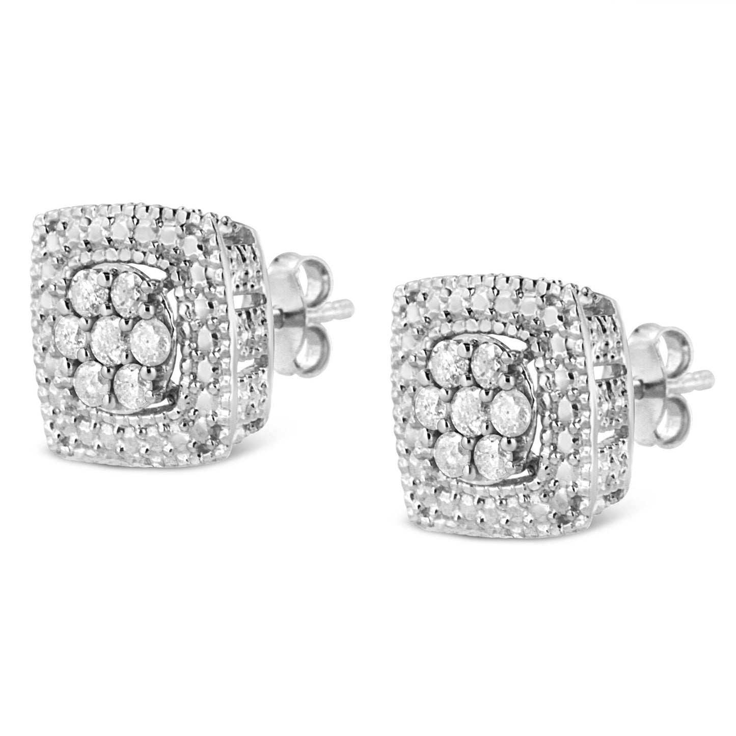 Pair of white metal square-shaped stud earrings with cluster of round white gemstones in prong setting, shown at a slight angle.