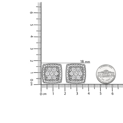 Pair of white metal square-shaped earrings with round white gemstones in prong settings, shown from front on a ruler for size reference.