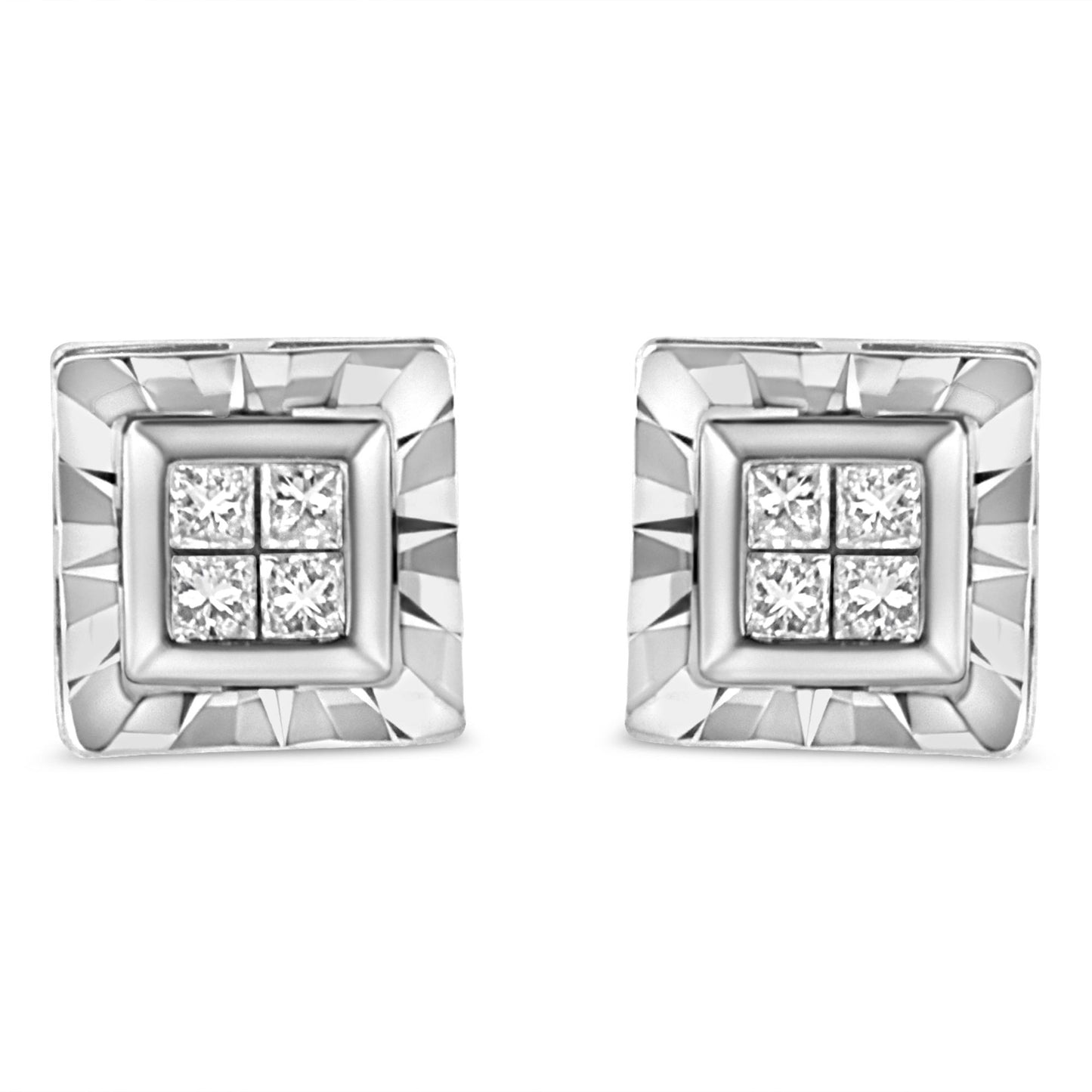 Pair of white metal square earrings with four princess cut white gemstones in an invisible setting, front-facing angle.