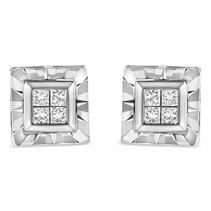 Pair of white metal square earrings with four princess cut white gemstones in an invisible setting, front-facing angle.