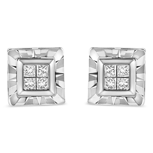 Pair of white metal square earrings with four princess cut white gemstones in an invisible setting, front-facing angle.