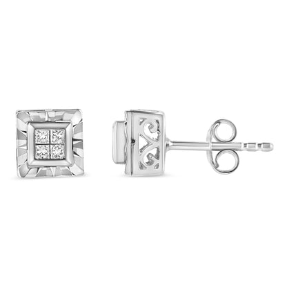 Front and side view of square white metal stud earrings with four princess-shaped white gemstones in an invisible setting, shown against a white background.