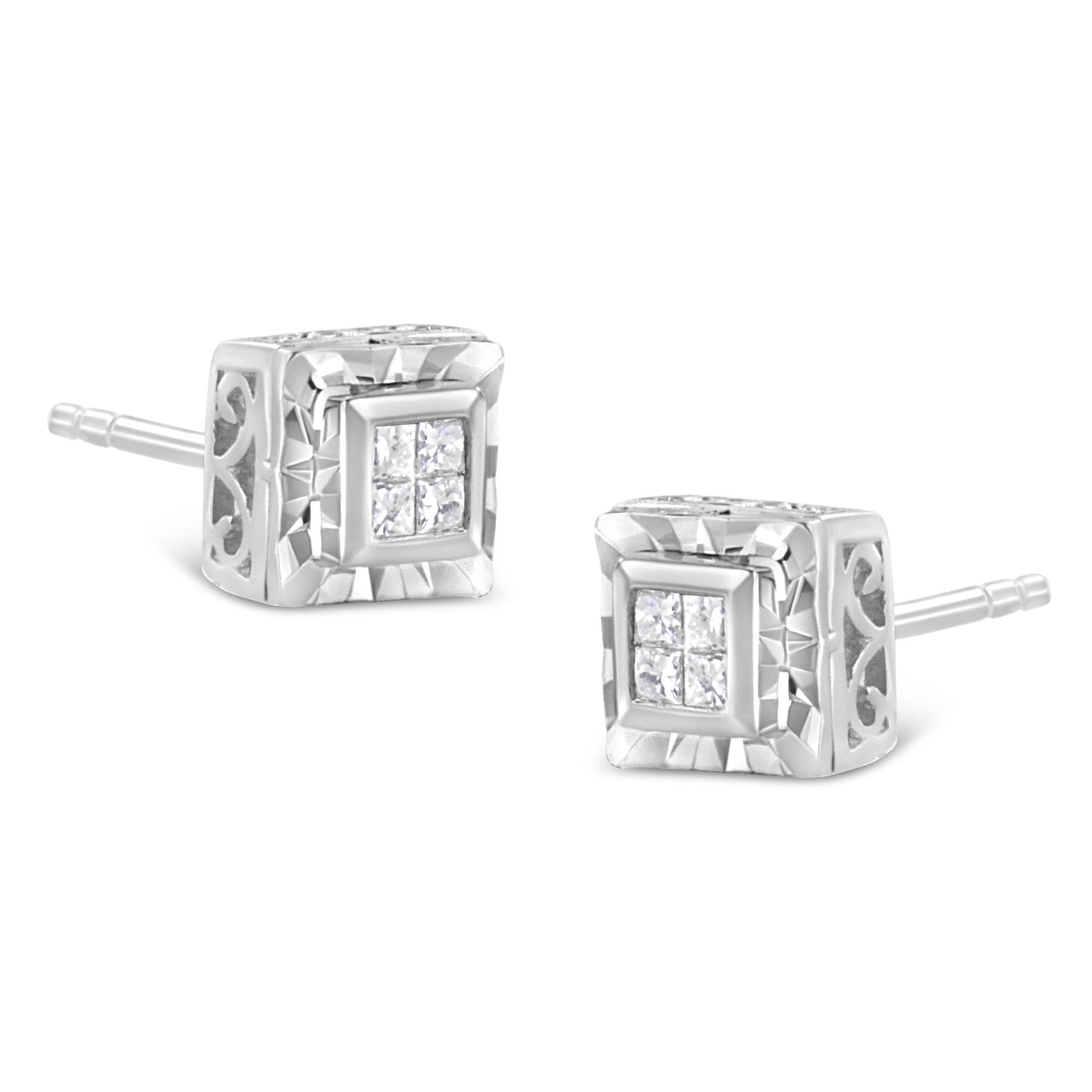 Close-up front angled view of white metal square stud earrings with four small white gemstones set in an invisible setting and decorative side details.