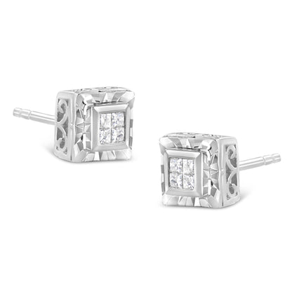 Close-up front angled view of white metal square stud earrings with four small white gemstones set in an invisible setting and decorative side details.