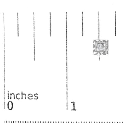 Close-up front view of a white square earring with four white gemstones set in an invisible setting, shown on a ruler for size reference.