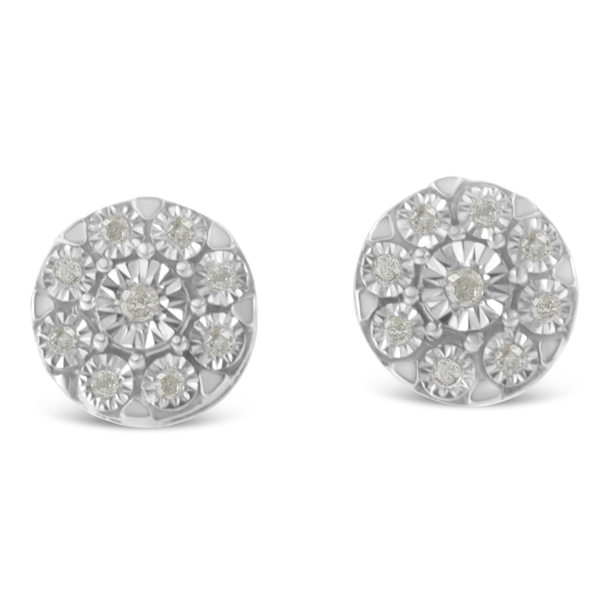 Pair of round white metal stud earrings with multiple round white gemstones set in a circular pattern, front view.