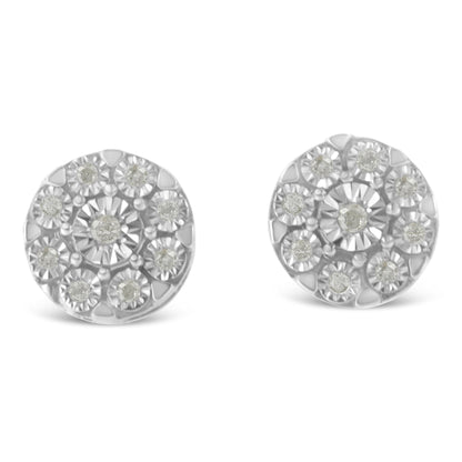 Pair of round white metal stud earrings with multiple round white gemstones set in a circular pattern, front view.