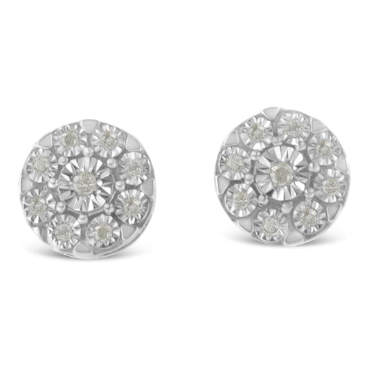Pair of round white metal stud earrings with multiple round white gemstones set in a circular pattern, front view.