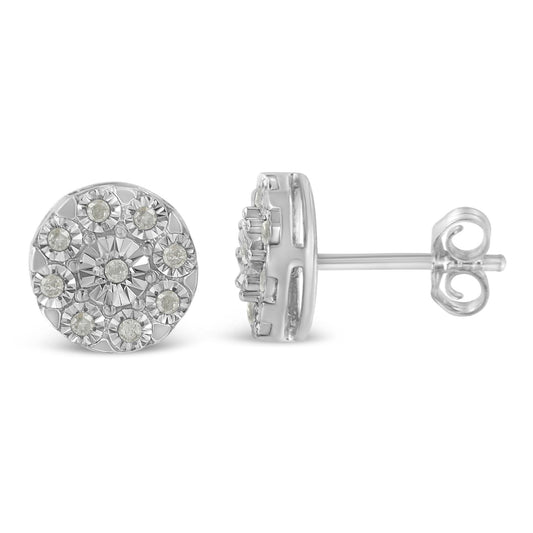 Front and side view of a pair of round white metal stud earrings with multiple round white gemstones in a cluster setting.
