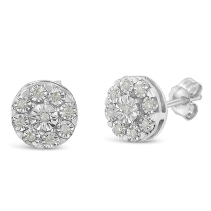 Front and side angle view of a pair of white metal round stud earrings with white gemstones arranged in a miracle setting.