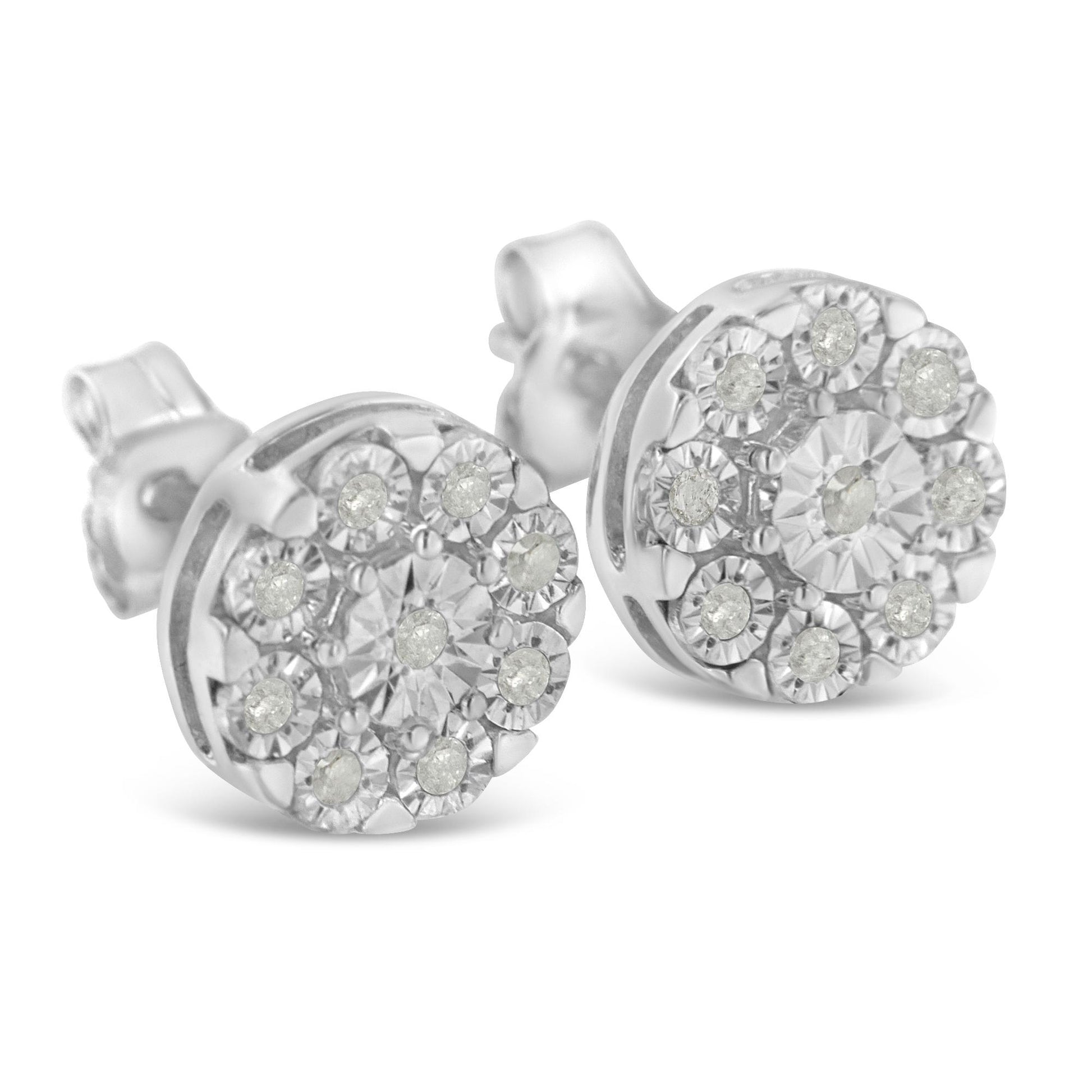 Close-up front angled view of a pair of white metal round stud earrings with multiple small white gemstones set in a cluster pattern.