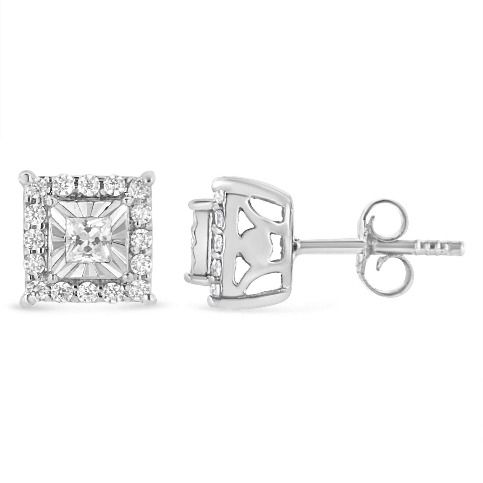 Front and side view of square-shaped white metal stud earrings with a central white gemstone in miracle setting surrounded by smaller white gemstones in prong setting.