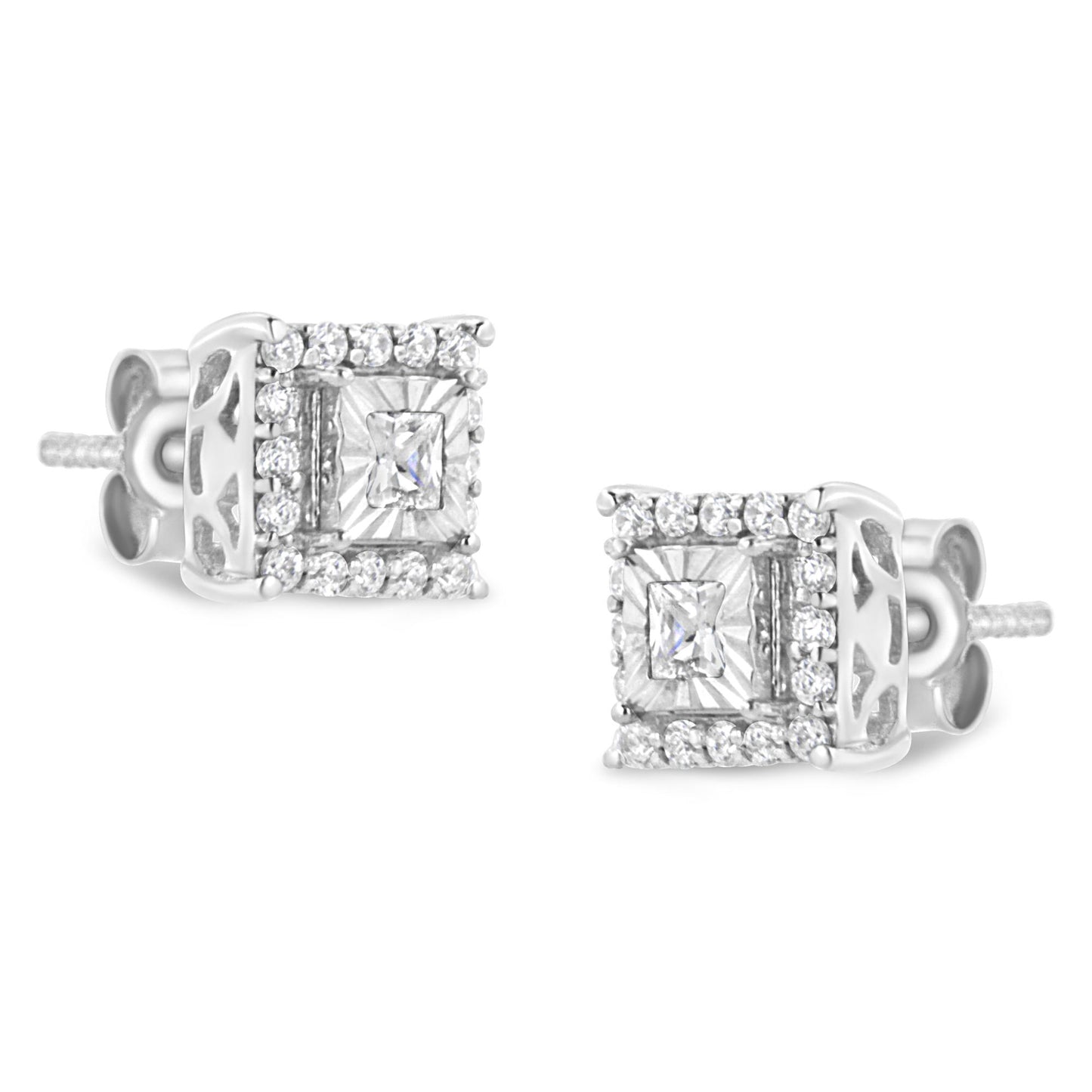 Pair of white metal square-shaped stud earrings with central square gemstones surrounded by smaller round white gemstones, shown in a close-up front angle.