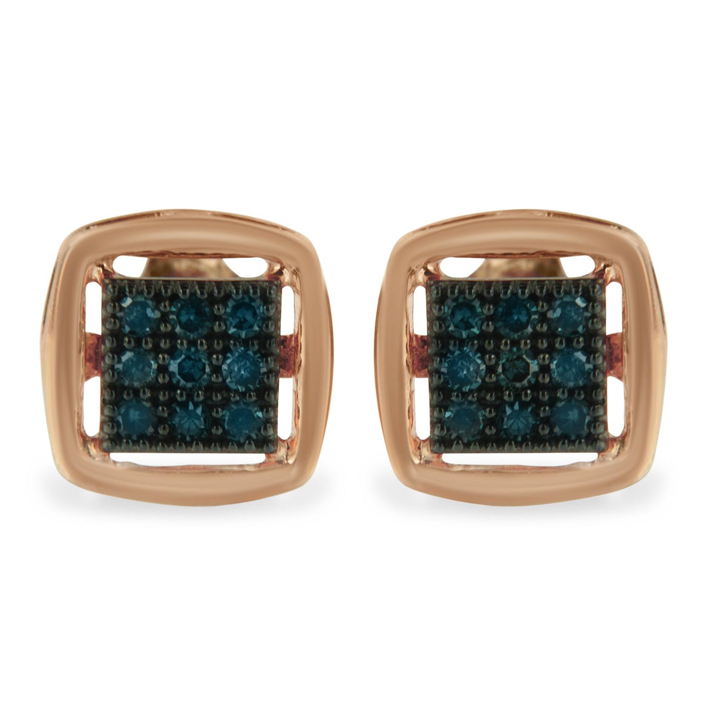 Front view of rose-colored square earrings with clusters of round blue gemstones in prong settings.